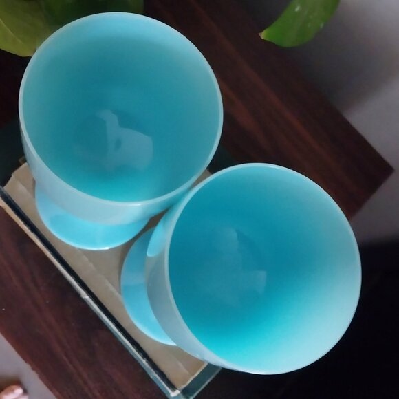 Pair Portieux Vallerysthal Turquoise Blue Opaline Water Goblets - Picture 6 of 11